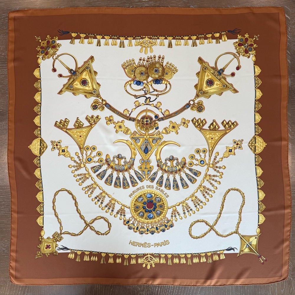 Hermès Paris Silk Scarf with Gold and Brown Design